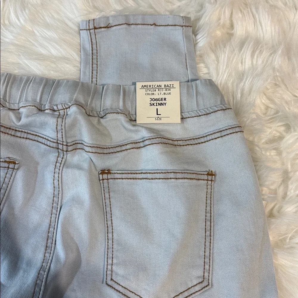 American Bazi Light Blue Skinny Drawstring Jeans with Knee Rips